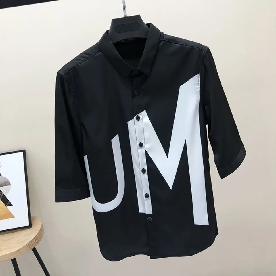 Summer men's shirt five-point sleeve shirt Korean fashion handsome printed shirt men's tide summer thin sleeve