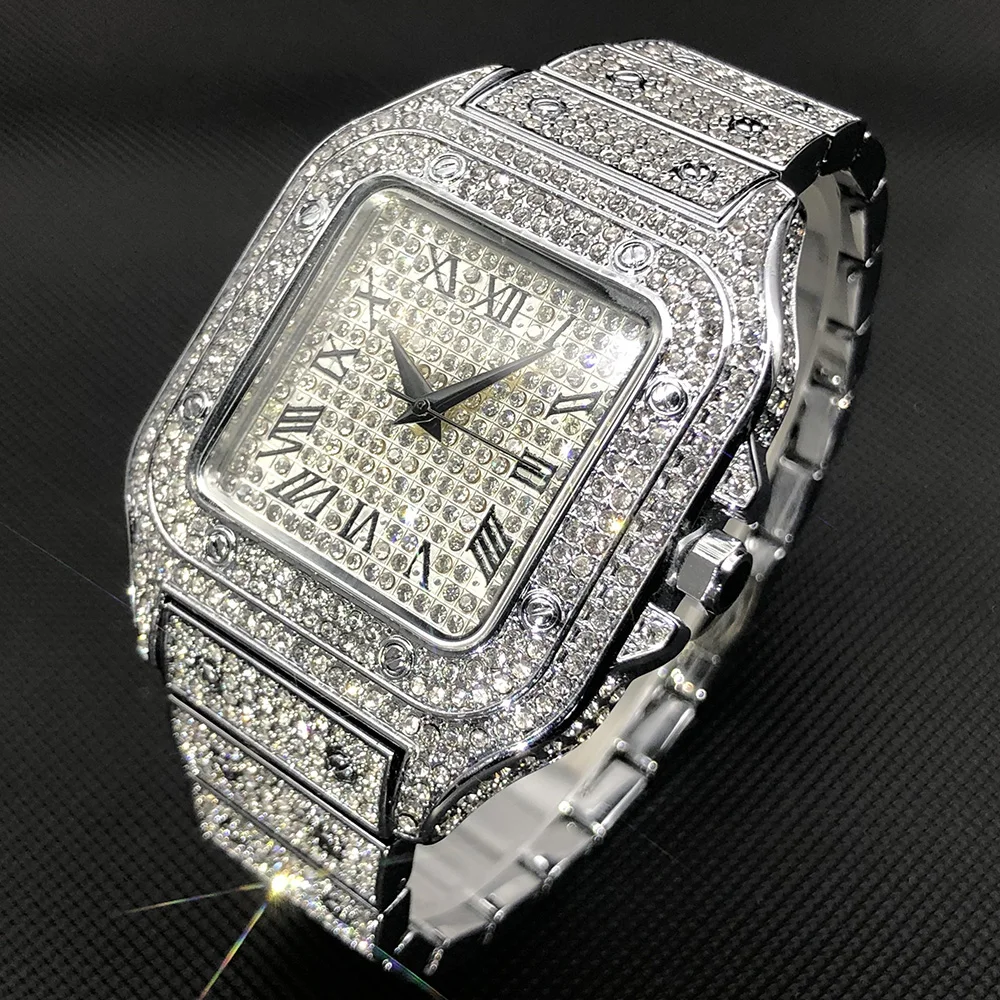 MISSFOX Diamond Men's Watches Luxury Iced Out Jewelry Quartz Wristwatch Hip Hop Square Silver Clock Waterproof Relógio masculino