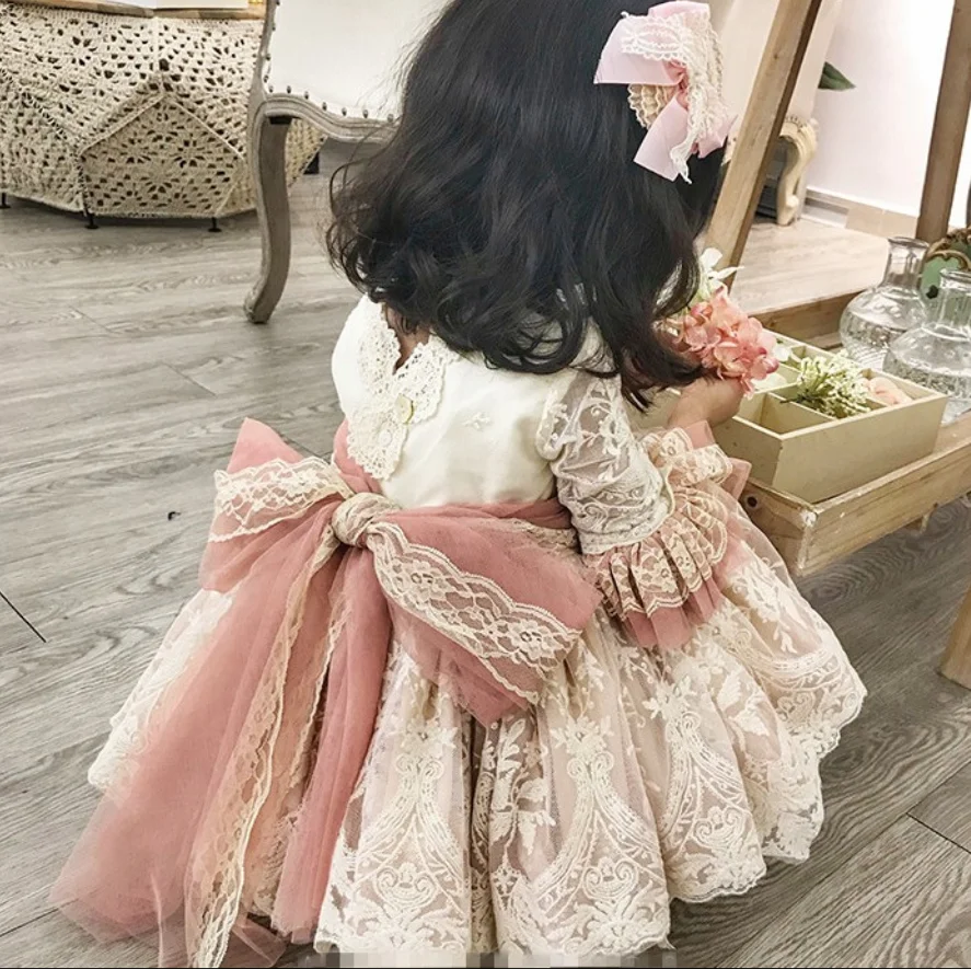 Spain princess Dress Girls vintage Lolita Birthday Party ball gown Dresses Infant Lace stitching Baby Girl g