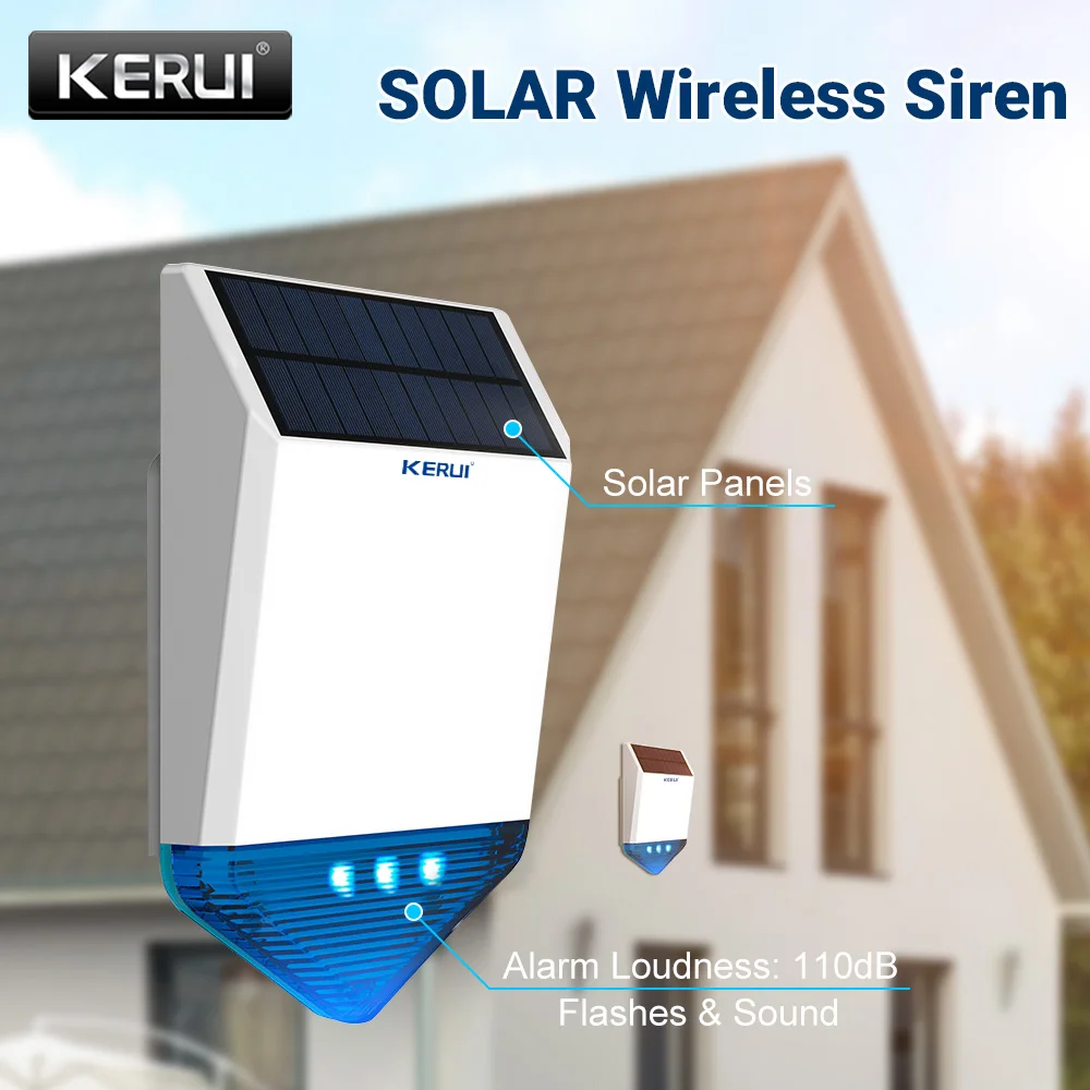 KERUI Wireless 433mhz Outdoor Strobe Solar Powered Siren LED Flashing Response Sound 110 dB Waterproof Siren for Alarm System