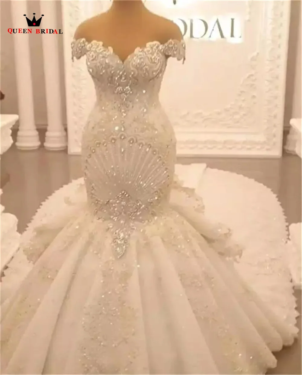 Luxury Wedding Dresses Mermaid Long Train Tulle Lace Beaded Crystal Diamond Sexy Formal Bride Gown Custom Made JY67M