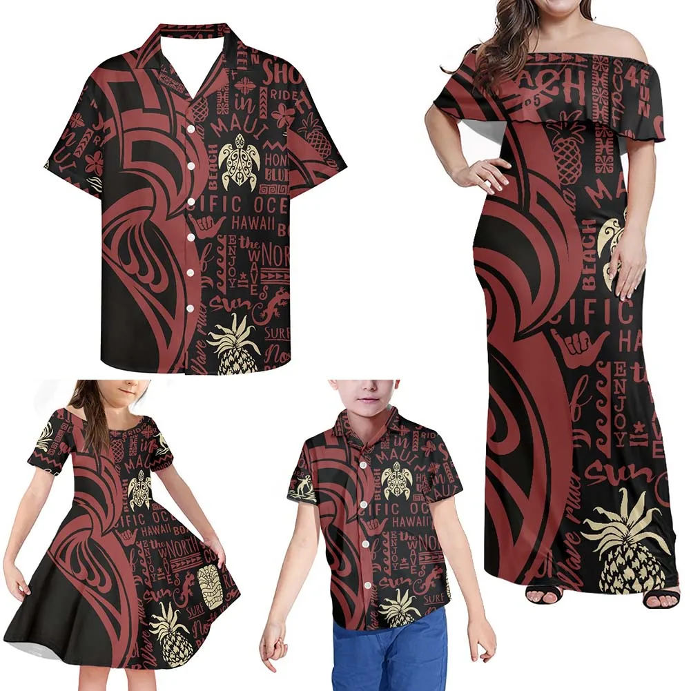 

Papa Family Look New Year Polynesian Tribal Samoan Design Mother Father Matching Dresses Shirt Set Kids Children Madre E Hija