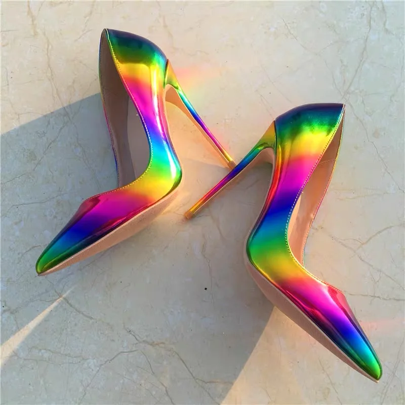 Veowalk Artsy Glossy Colorful Print Women Pointed Toe High Heels Ladies Slip On Stilettos Pumps Sexy Night Club Thin Heel Shoes