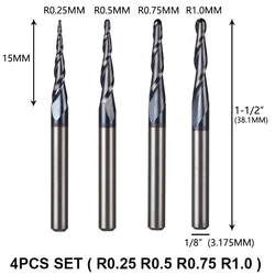 4pcs/Lot Tungsten Solid Carbide Inch Size 3.175mm Ball Nose Tapered End Mill Router Bits CNC Taper Wood Metal Milling Cutter