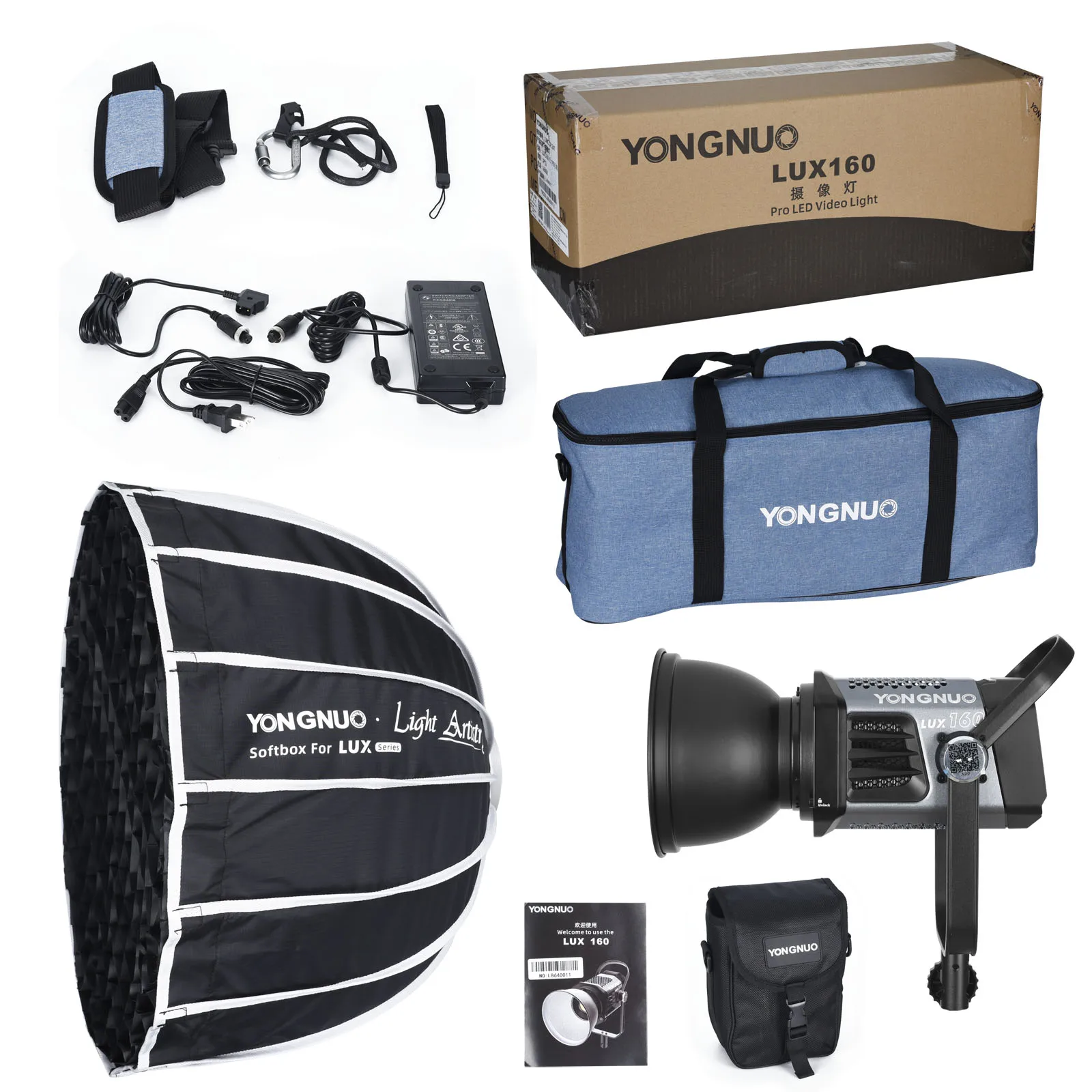 Yongnuo-lâmpada led lux160 para área externa, 180w, cob, luz para estúdio, com adaptador de energia softbox, para filmes, vlog