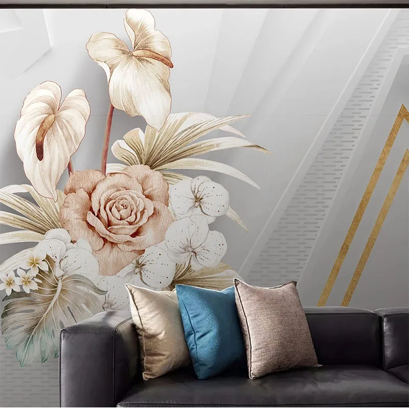 3D Wallpaper Modern Fashion Light Luxury Hand-Painted Flowers Geometric Background Wall Mural Stickers Waterproof Poster Papel