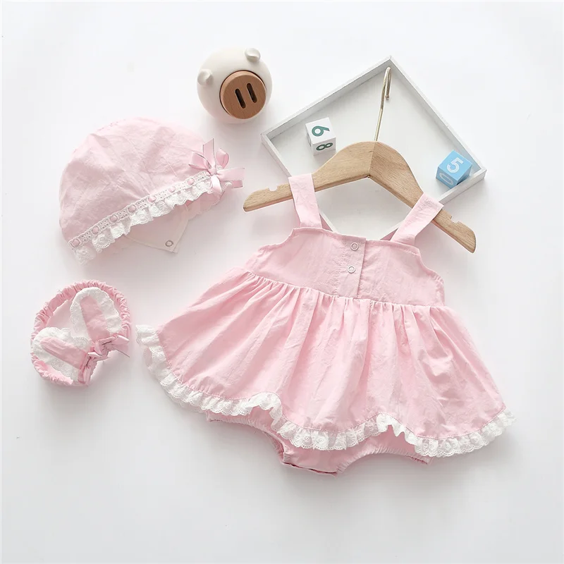 Summer Newborn Baby Girl Dress Sleeveless Cute Lace Girls Dresses & Hat Princess Infant Outfits