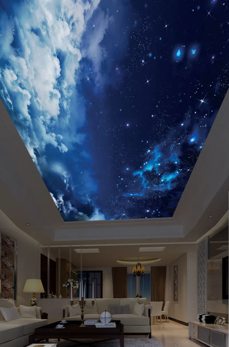 

Custom 3D Photo Wallpaper ceilings Beautiful starry sky, blue sky, white clouds, children's room, mural ceiling