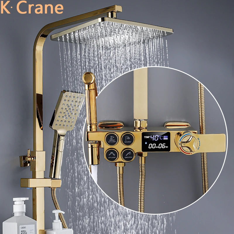 Gold Shower System Bathroom Hot Cold  Mixer Thermostatic Shower Set Wall Mount SPA Rainfall Bath Faucet Square Head Bathtub Tap