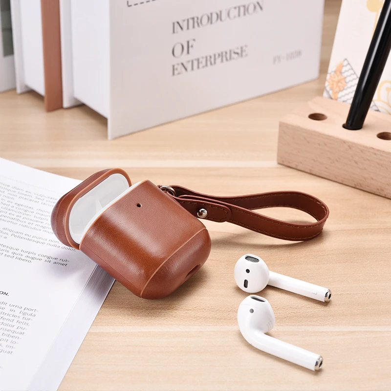 Genuine Leather Plastic Case For AirPods Luxury Real Cowhide Strap Protective Cover for AirPods 1 2 Bluetooth Earphone Cases