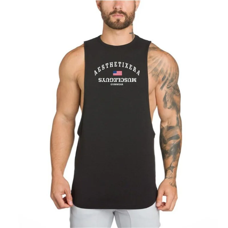 Męskie sportowe kamizelka do biegania bawełna bez rękawów t shirt mężczyźni kulturystyka koszulka treningowa męskie gym Stringer tank top odzież