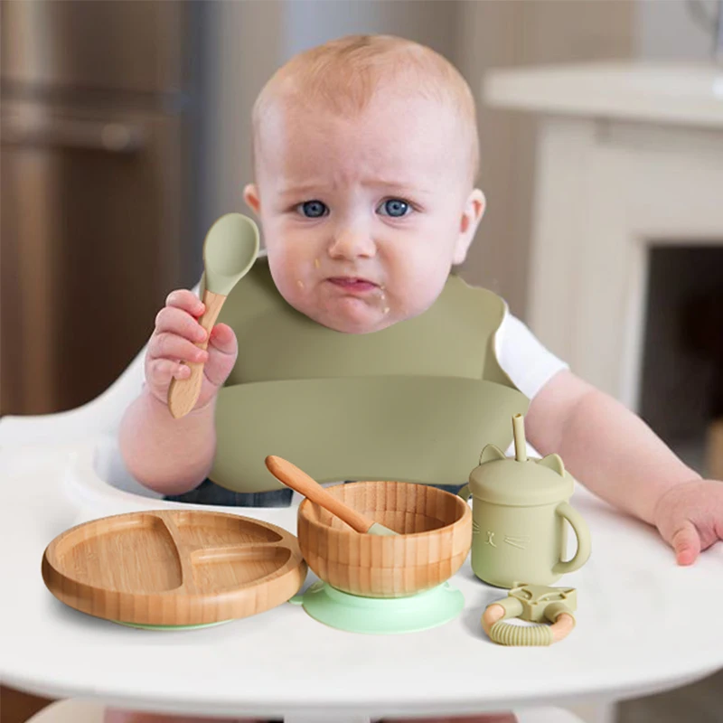 7 Pcs/Set Baby Bamboo Tableware Set Baby Feeding Bamboo Bowl With Spill Proof Food Grade Silicone Fork Spoon Cup Infant Gift Set