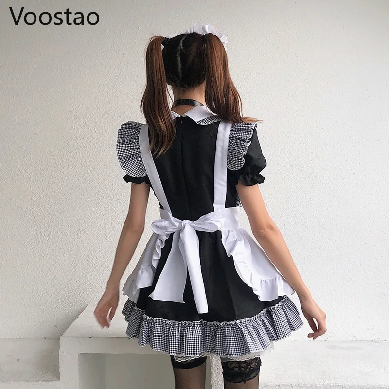 Japanese Gothic Lolita Dress Women Sweet Cat Black Plaid Bow Ruffles Party Mini Dress Victorian Girls Cute Apron Maid Dresses