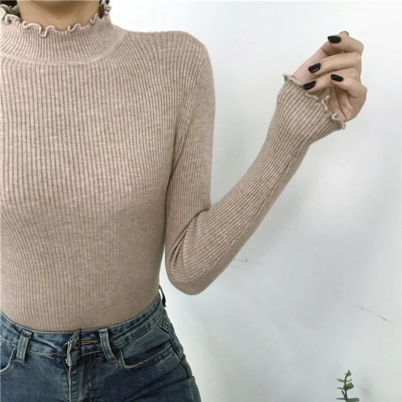 Turtleneck Ruched Women Sweater High Elastic Solid 2024 Fall Winter Fashion Sweater Women Slim Sexy Knitted Pullovers Pink White