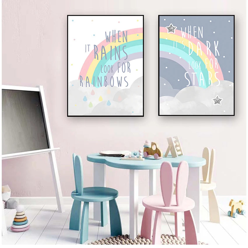 Rainbow Nursery Simple Quotes Canvas Painting Posters and Prints Canvas Wall Art Pictures for Kids Child Bedroom Decor Design