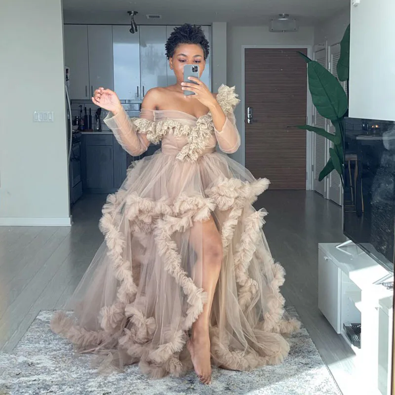 Sexy Bridal Bathrobes Ruffled Puffy Tulle Dresses Women Maternity Dress Prom Gown Off the Shoulder Photo Shoot Robe Evening Gown