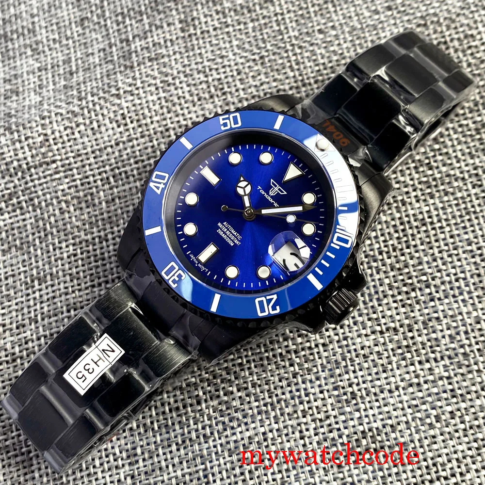 Tandorio 40 mm negro PVD Coatedd pulsera de cristal de zafiro NH35 reloj automático para hombre bisel unidireccional
