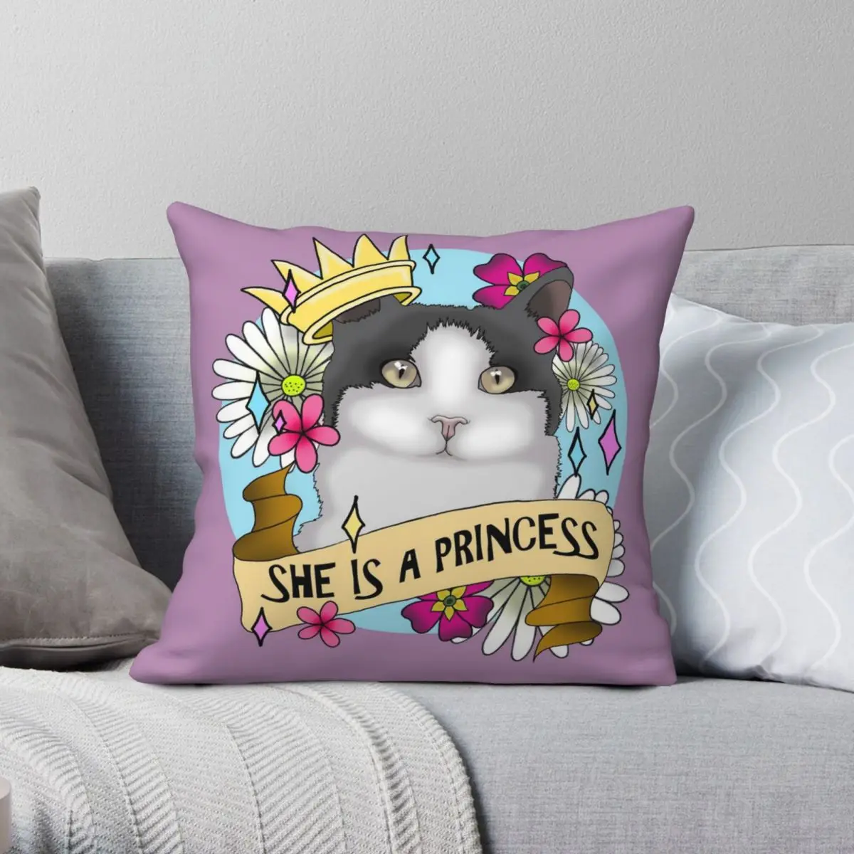 Princess Bobble The Cat With Crown Flowers Square Pillowcase Polyester Linen Velvet Pattern Zip Decor Sofa Seater Cushion Cover