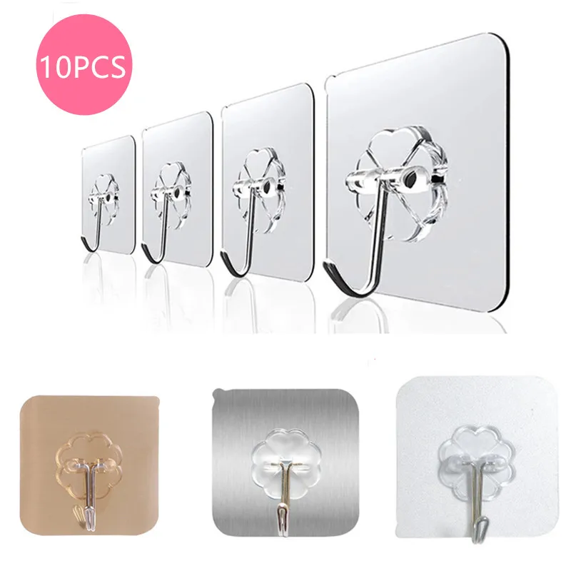 10PCS 6x6CM Strong Self Adhesive Door Wall Hangers Hooks Heavy Load Storage Rack Seamless Hanging Hook for Kitchen Bathroom Home