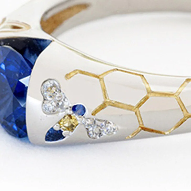 Foydjew Finger Accessories Bee Honeycomb Blue Zircon Simulated Sapphire Rings European American Simple Creative Style Ring