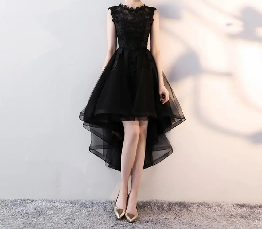

Vintage Black Organza Lace Womens Girls Dresses High Low Ruffles Sexy See Through Sleeveless Evening Party Dresses