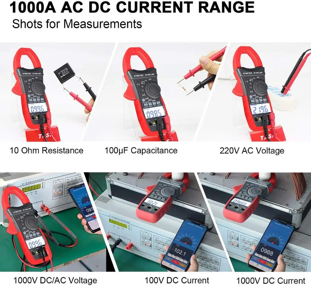 BT-570C-APP Multimètre à pince avancé-1000A Mesure AC/DC, tension multifonctionnelle et outil de test de température Cher 2nF ~ 100uF