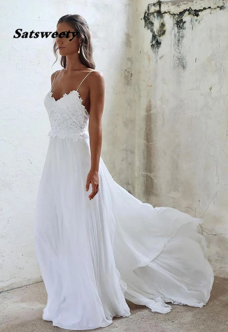 Sexy Spaghetti Straps Beach Wedding Dress Cheap Long Chiffon Bridal Gowns Backless Lace Appliqued Sheath Wedding Dress Wed Gowns
