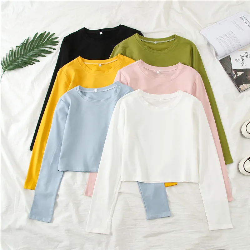 Maglia A Manica Lunga T-Shirt Autunno O-Collo Solido Delle Signore Casual Allentato Breve Breve T Shirt Magliette E Camicette Delle Ragazze Crop Top Magliette Donna