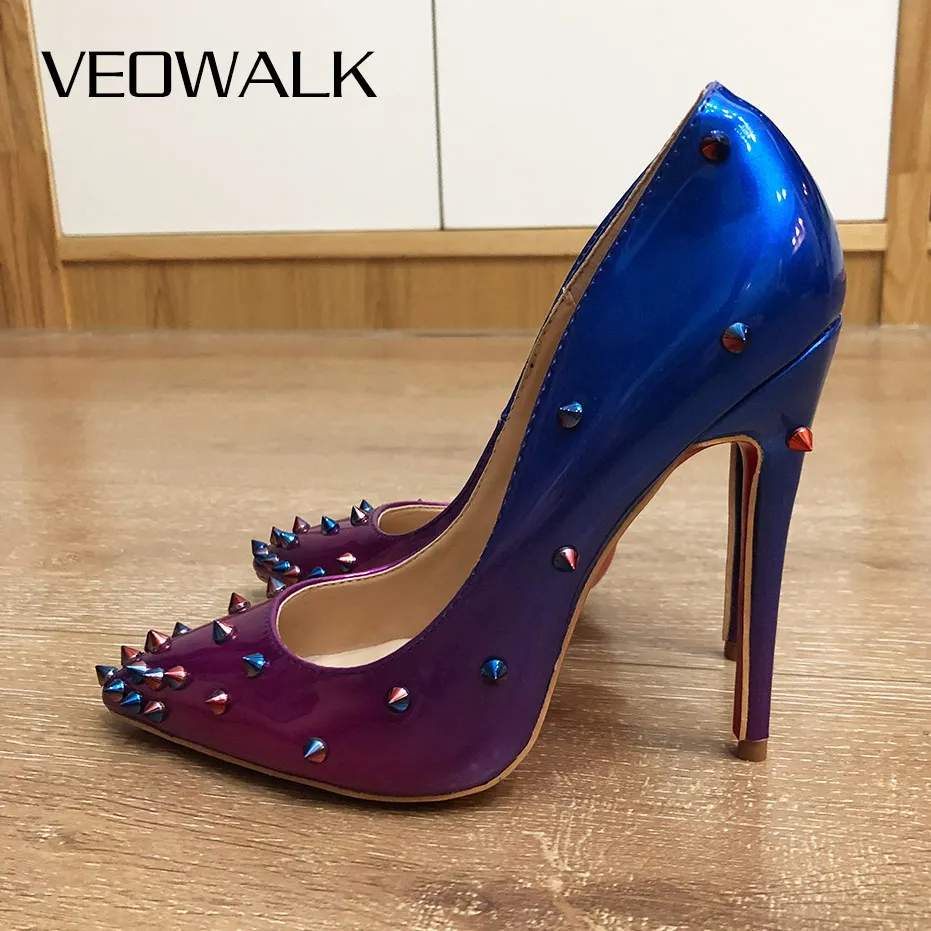 Veowalk Gradient Blue Purple Women Spikes Stilettos High Heels Sexy Pointy Toe High Heels Chic Ladies Rivets Club Party Shoes