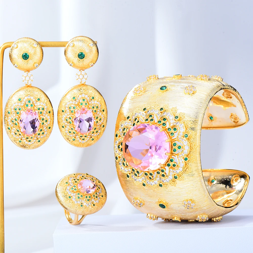 New Trendy Luxury Vintage golden Wide Bangle Earrings Ring Jewelry Sets For Bridal Wedding High Quality Pink Crystal Dubai Style