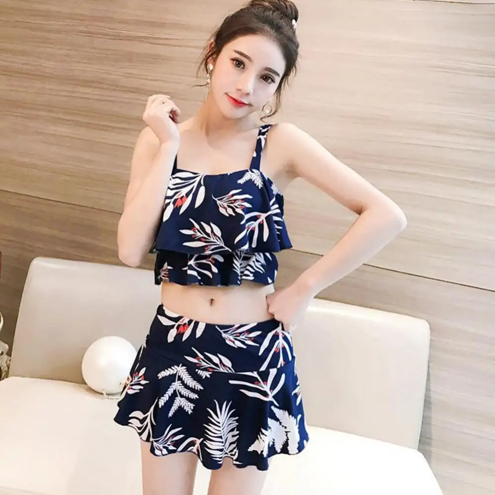 Women Leaf Print Ruffled Hem Crop Top Camisole Mini Skirt Bikini Set Swimwear