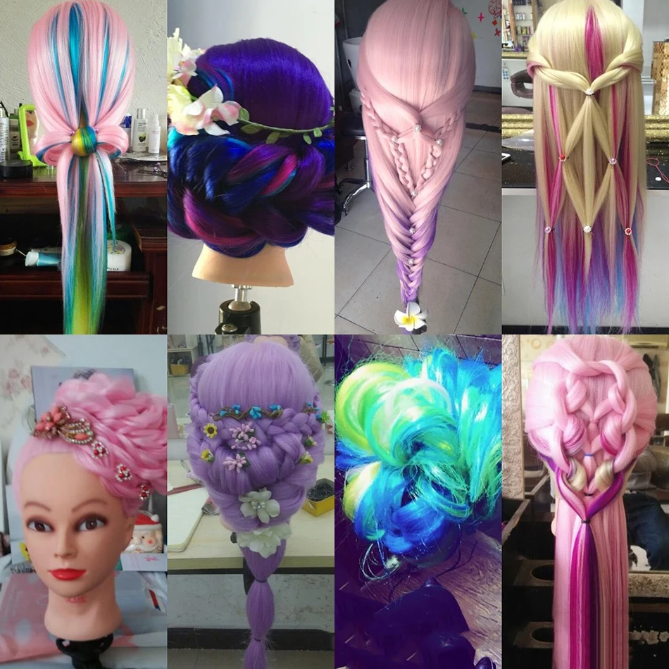 Tête d\'entraînement avec cheveux colorés, cheveux synthétiques très longs de 80cm pour tressage, coiffure, tête de poupée, mannequin