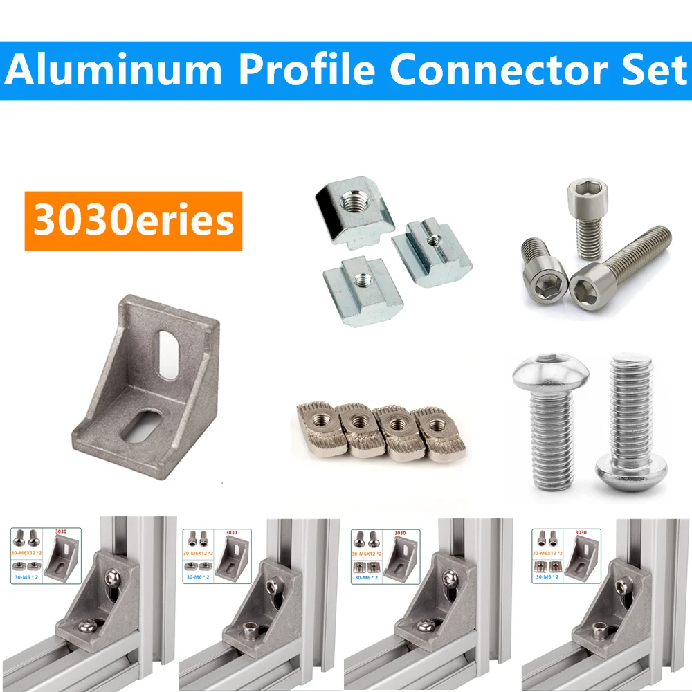 1 Set 3030 Aluminum Profile Connector Set M6X12Mushroom Head Hexagon Screw / Cylindrical Hexagon Head Bolt M6 T-nut / Slide nut
