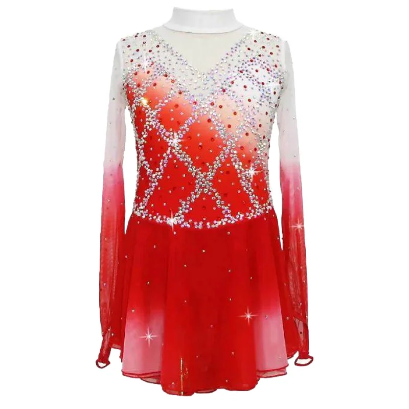 LIUHUO Ice Skating Dress Long Sleeve for Girls Spandex Latin Rhinestone Shinny Performance Wear for Competition Elastic Dress