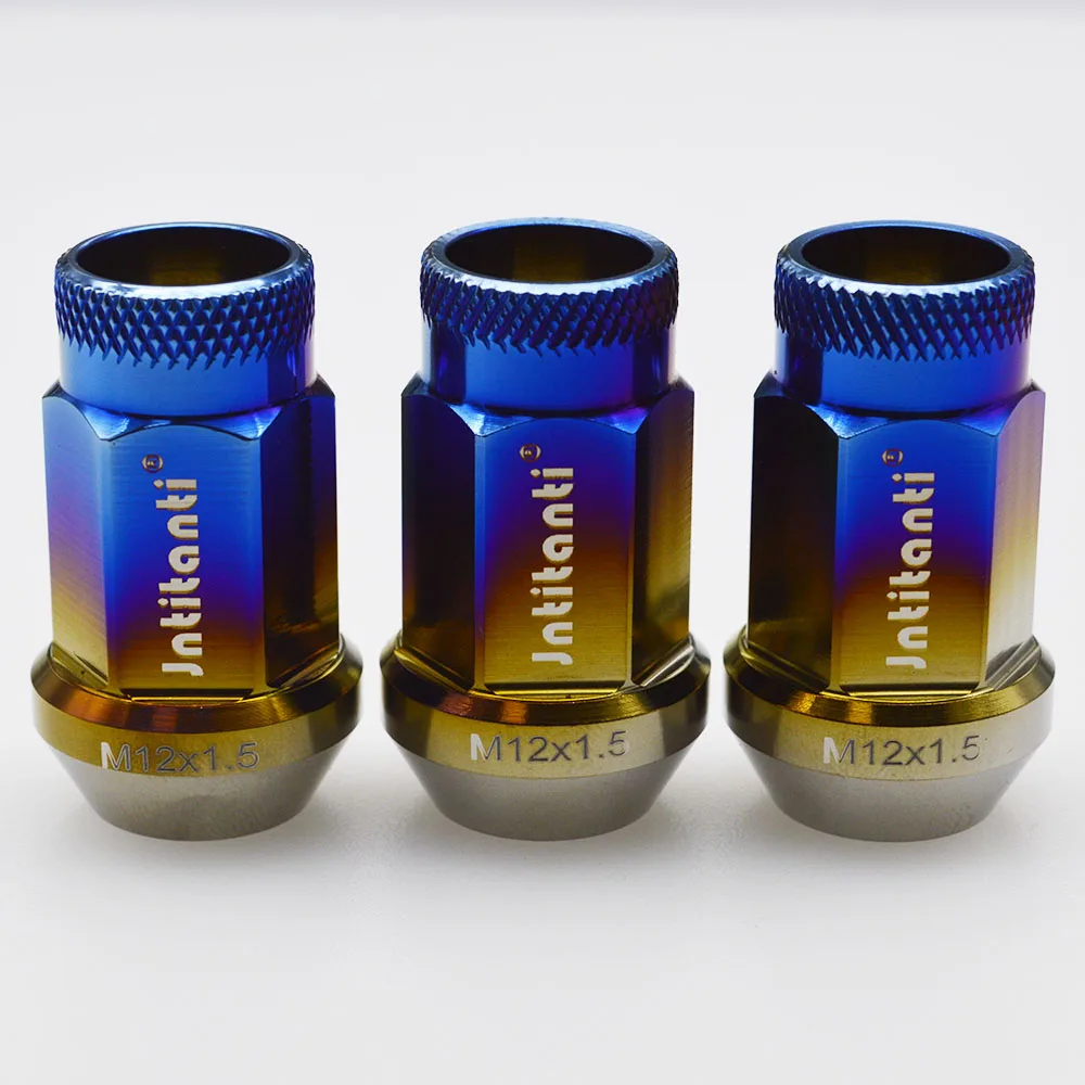 High performance burnt blue color 60 degree cone seat open end Gr.5 titanium alloy lug nut M12*1.5*35mm with knurl