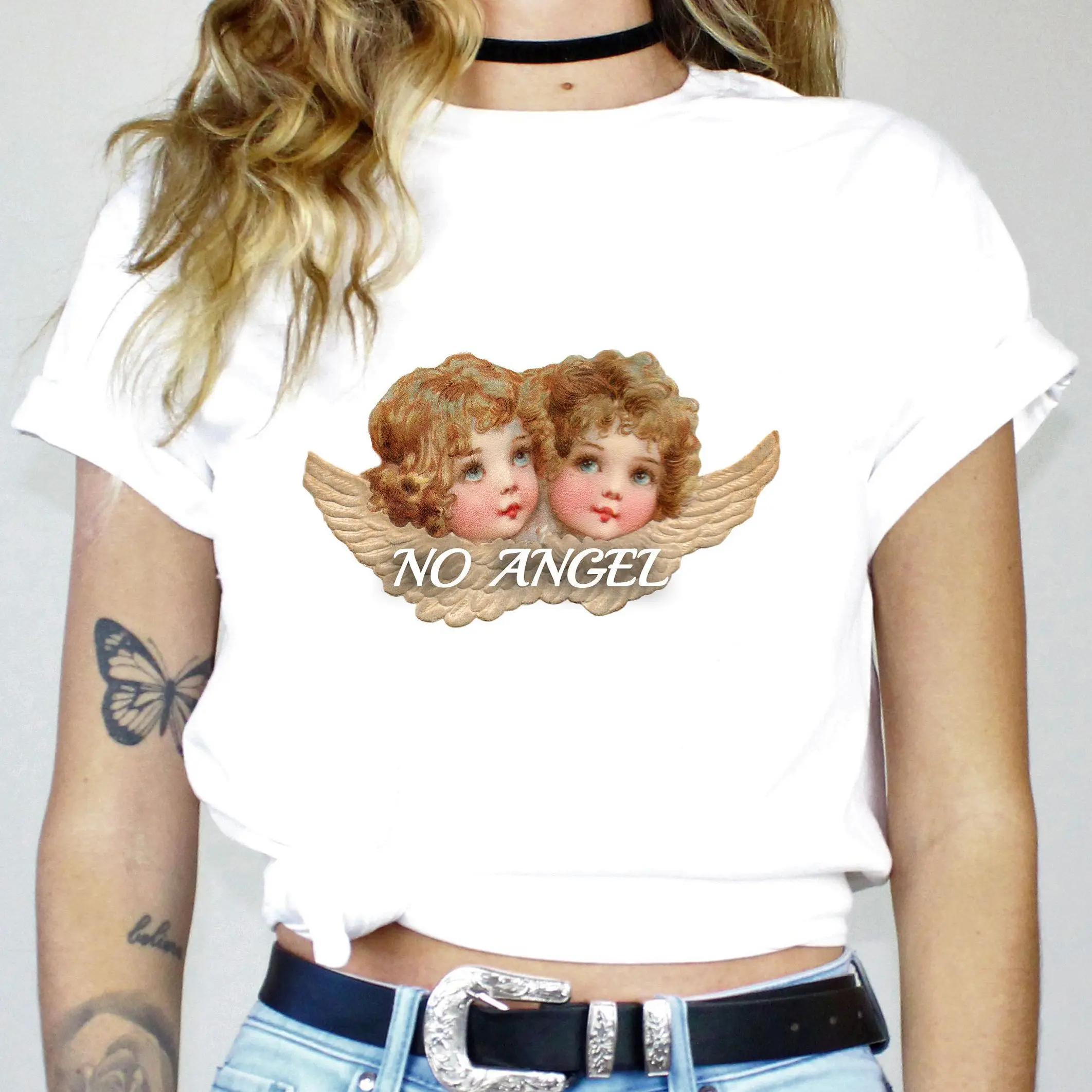 

Ladies Basic Cherub Cupid Angel Print Harajuku Top Women T-shirt Casual O-collar Short Sleeved Women T-shirt Girl,Drop Ship