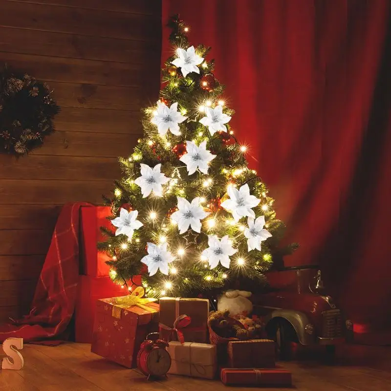 STOBOK – fausses fleurs de noël, 24 pièces, en poudre d'or, pour décorer un arbre de noël, en argent