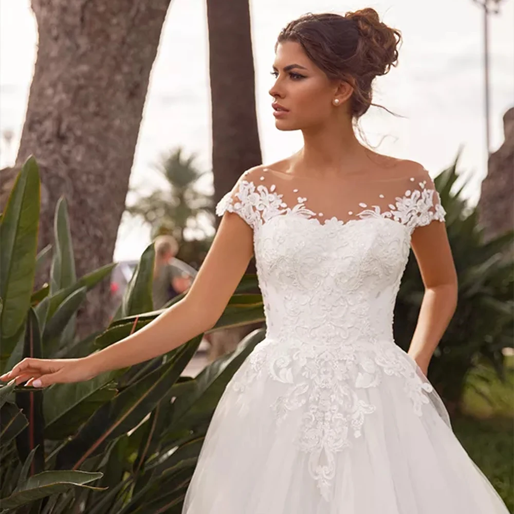 Vestido De novia clásico De tul De corte A, elegante Vestido De novia con cuello redondo, manga con apliques De encaje, 2021