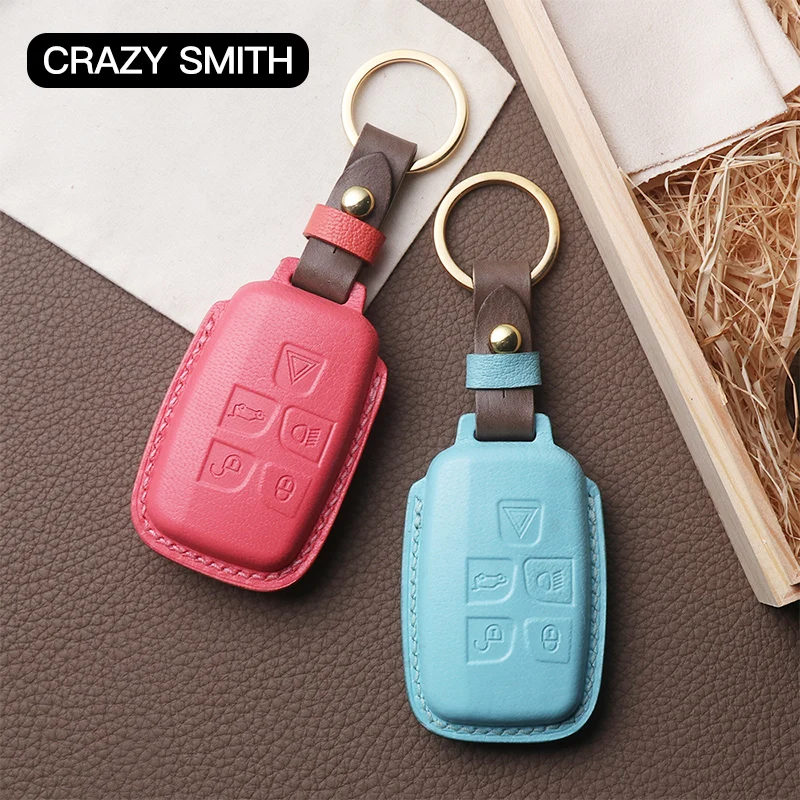 Crazy Smith Handmade Car Key Case Cover for Land Rover 5 Buttons Vegetable Tanned Leather High Quality New Year's Gift Brown Red