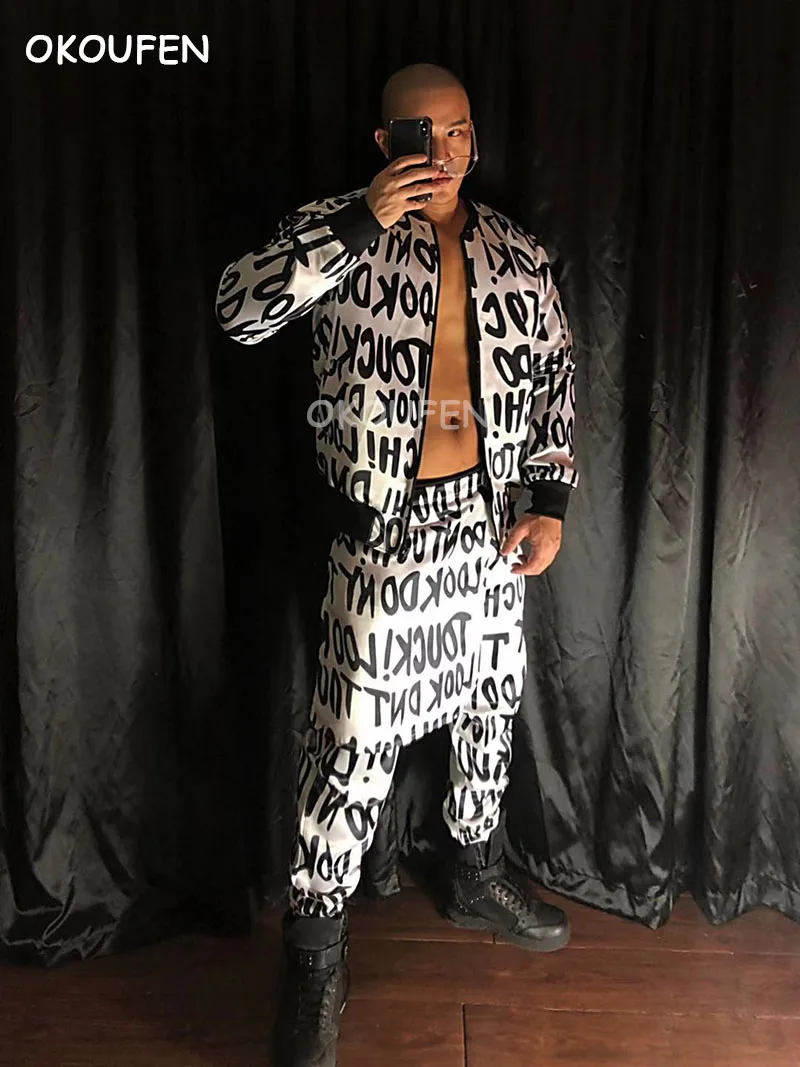 New style Fashion Black and white letter doodle hip hop gogo costumes nightclub singer dancer show performance set