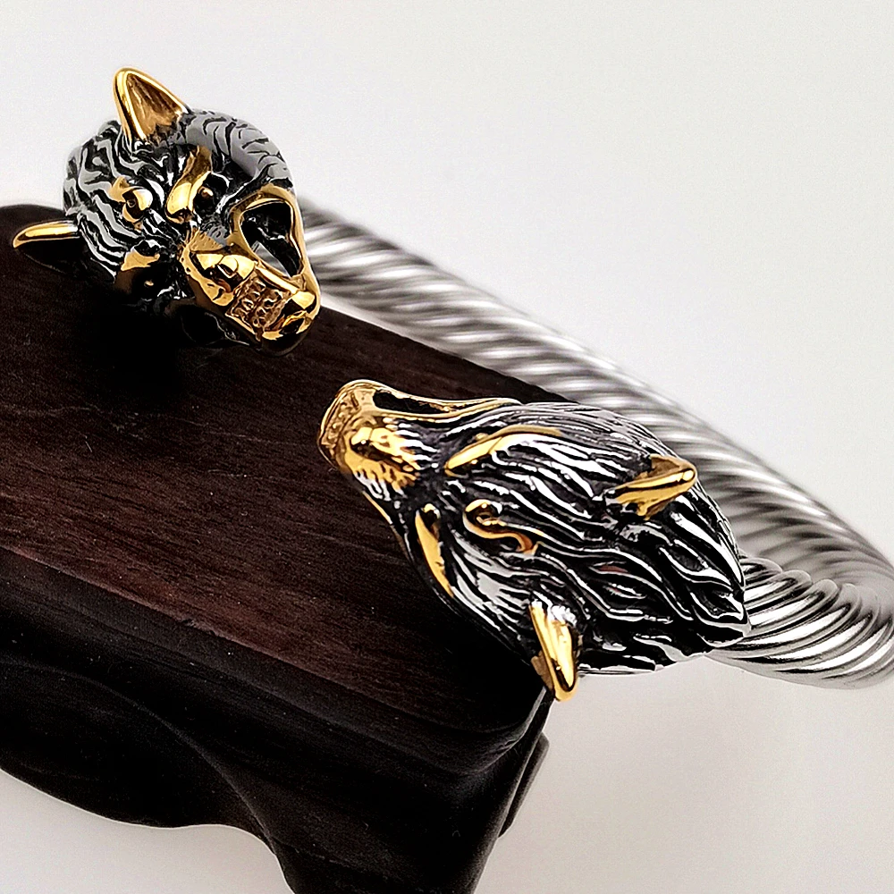 Men\'s Stainless Steel Viking Wolf Bracelet Mix Gold Color Wolf Punk Bangle Biker Jewelry