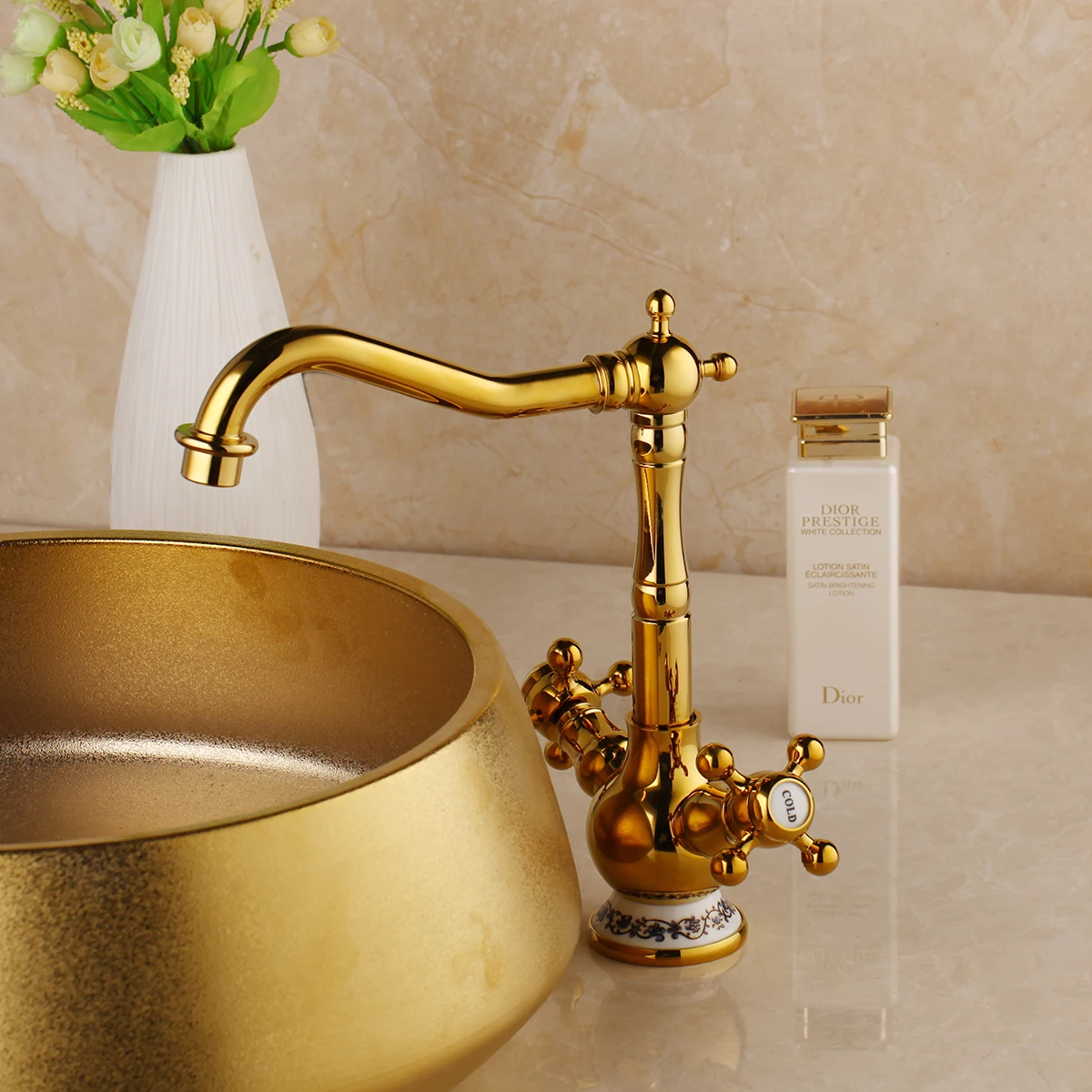 

Torayvino Bathroom Swan Basin Faucet Set Bowl Sinks Vessel Basins Ceramic Washbasin Polished Golden Faucet Tap Set