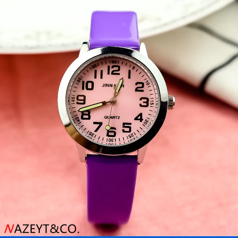 NAZEYT little boys girls cute pink face simple design quartz watch children PU leahter wristwatch kids luminous hands gift clock