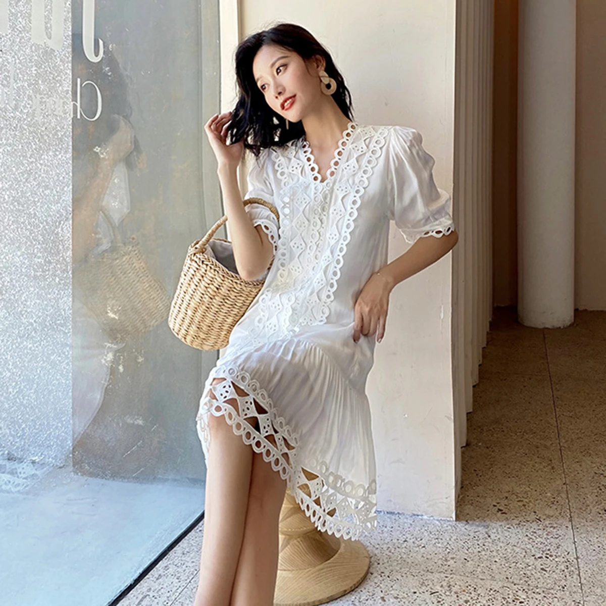 Jastie – robe mi-longue en dentelle, style Boho, ajourée, col en v, manches courtes, Slim, robes de plage, fête, vacances, été, 2022