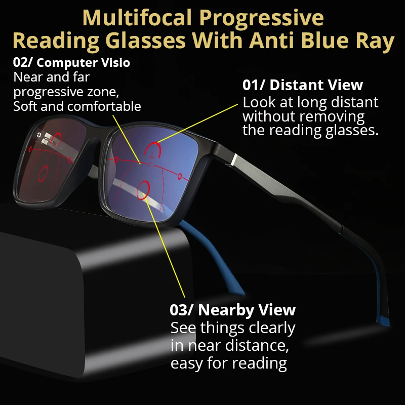 Gafas de lectura multifocales progresivas para hombres y mujeres, gafas antiluz azul, TR90, aluminio, magnesio, marco cuadrado deportivo, UV400