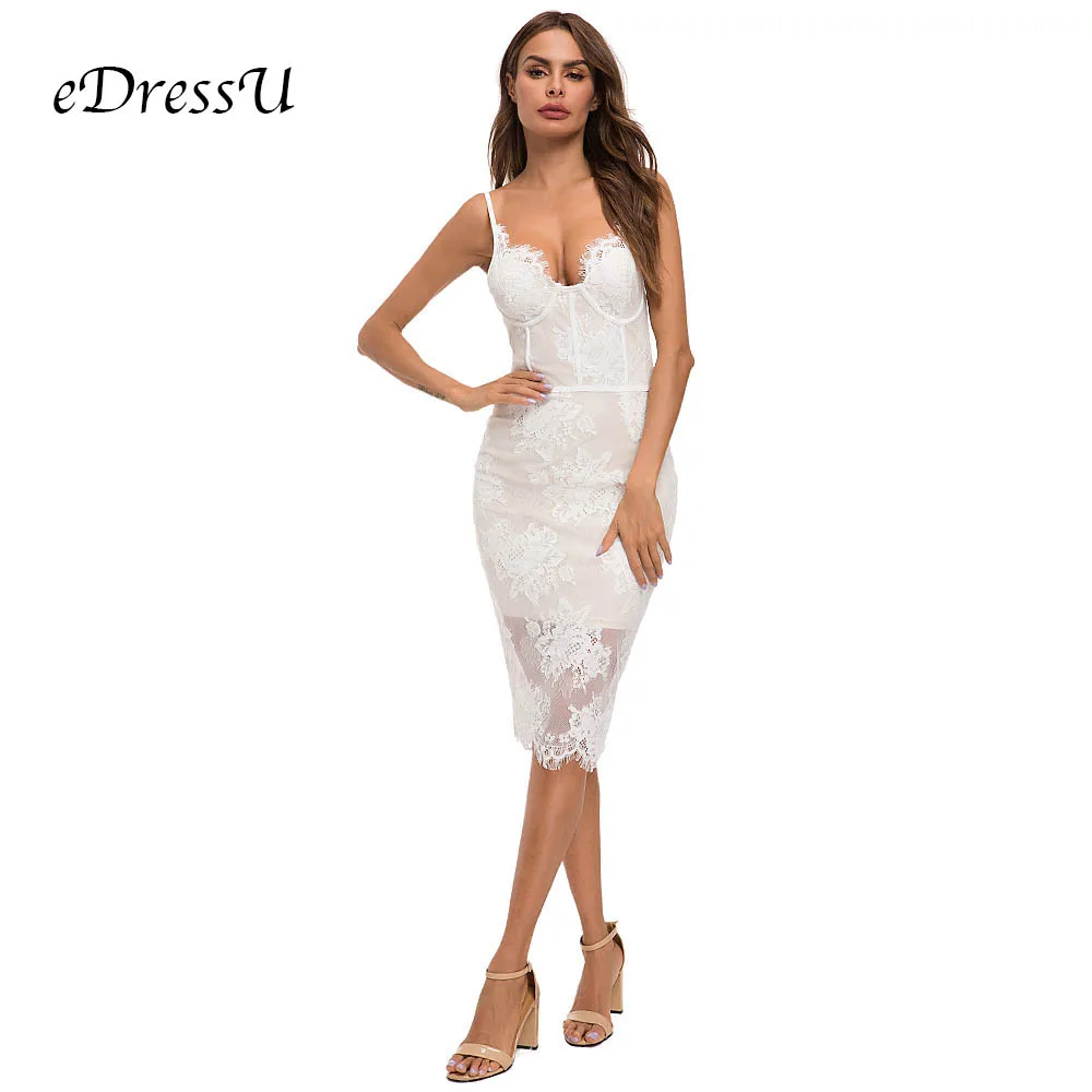 Elegant Lace Cocktail Party Dress Nude Lining Engagement Date Formal Wear Sexy Tea Length Little White Party Dress MS-A131