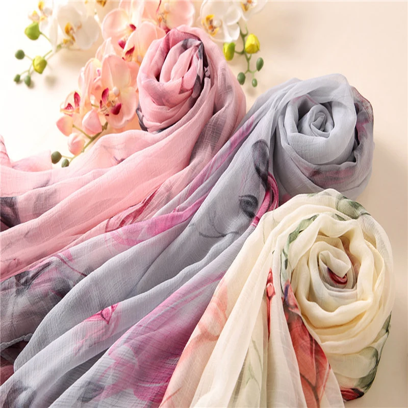 2020 new Women Flower Printed Silk Scarf Sheer Beach Sun Protective Pashmina Female Out Door Wraps Shawl Plus size 180cm 145cm