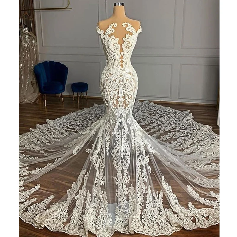 Vintage Full Lace Illusion suknie ślubne dla panny młodej 2020 przezroczysta szyja bez rękawów sąd pociąg Zipper powrót suknia ślubna szyta na zamówienie suknie