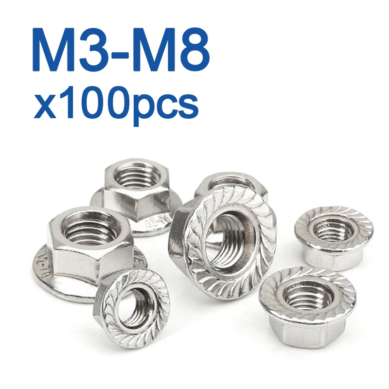 100PCS/LOT 304 Stainless Steel Hexagon Flange Nut Pinking Slip Locking Lock Nut M3 M4 M5 M6 M8 DIN6923