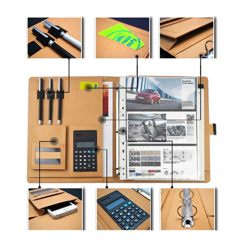 A4 3 حفرة بو الجلود ملف مجلد محفظة مع حامل حاسبة للأعمال مكتب الأسود